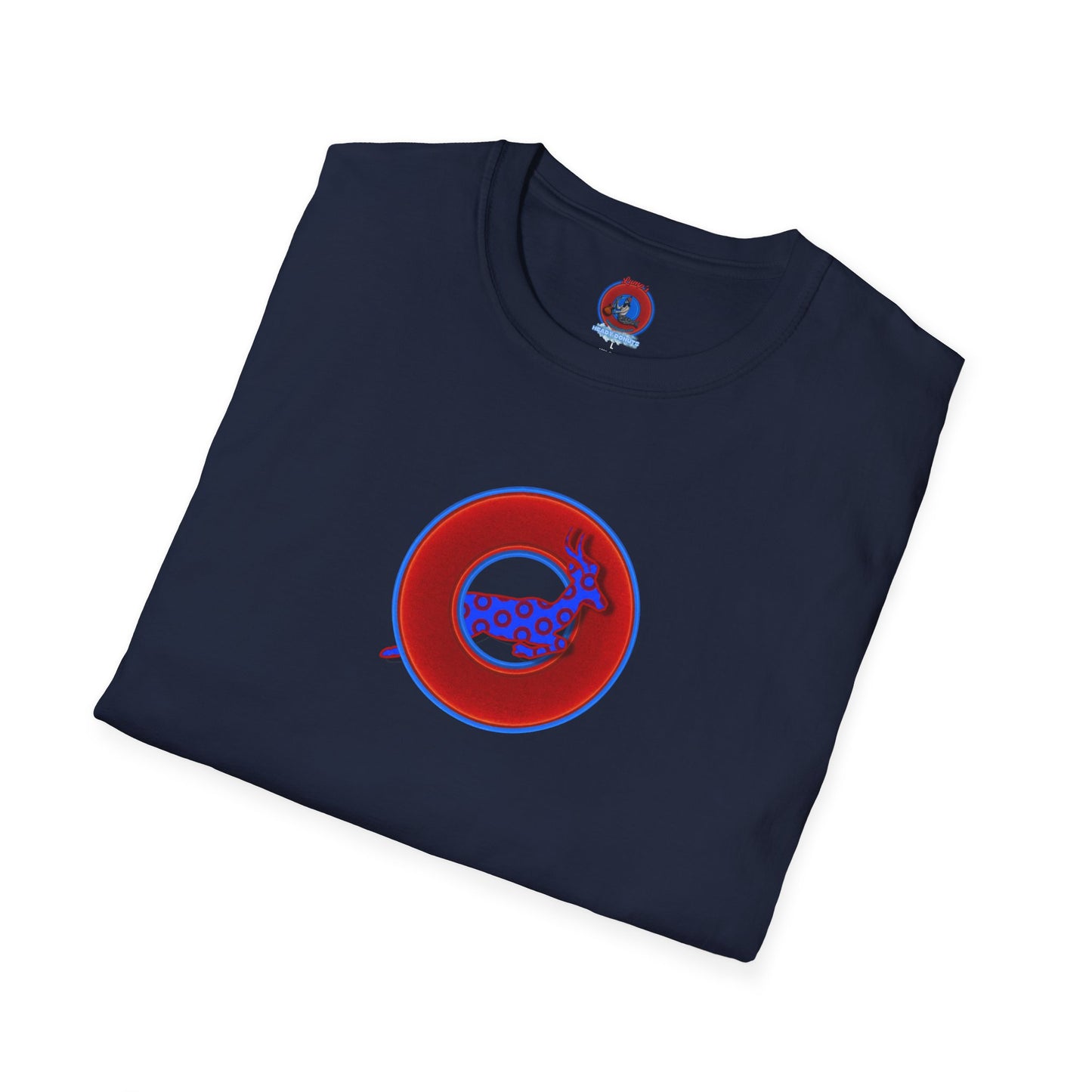 Classic Donut Tee - Unisex Soft-Style - "Out of Control Donut" - vivid red donut - variant 2 "jumping on through"