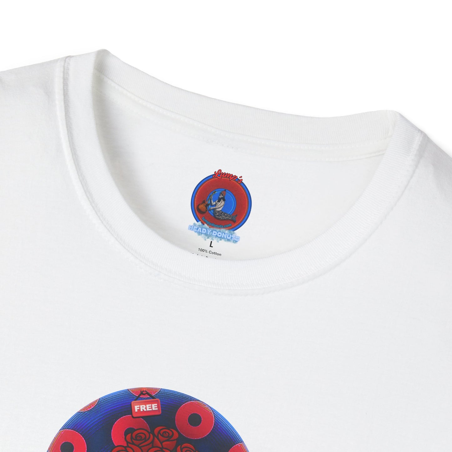 Classic Donut Tee - Unisex Soft-Style - "Donuts of Phreedom" - red/blue paradoxical blimpy donut