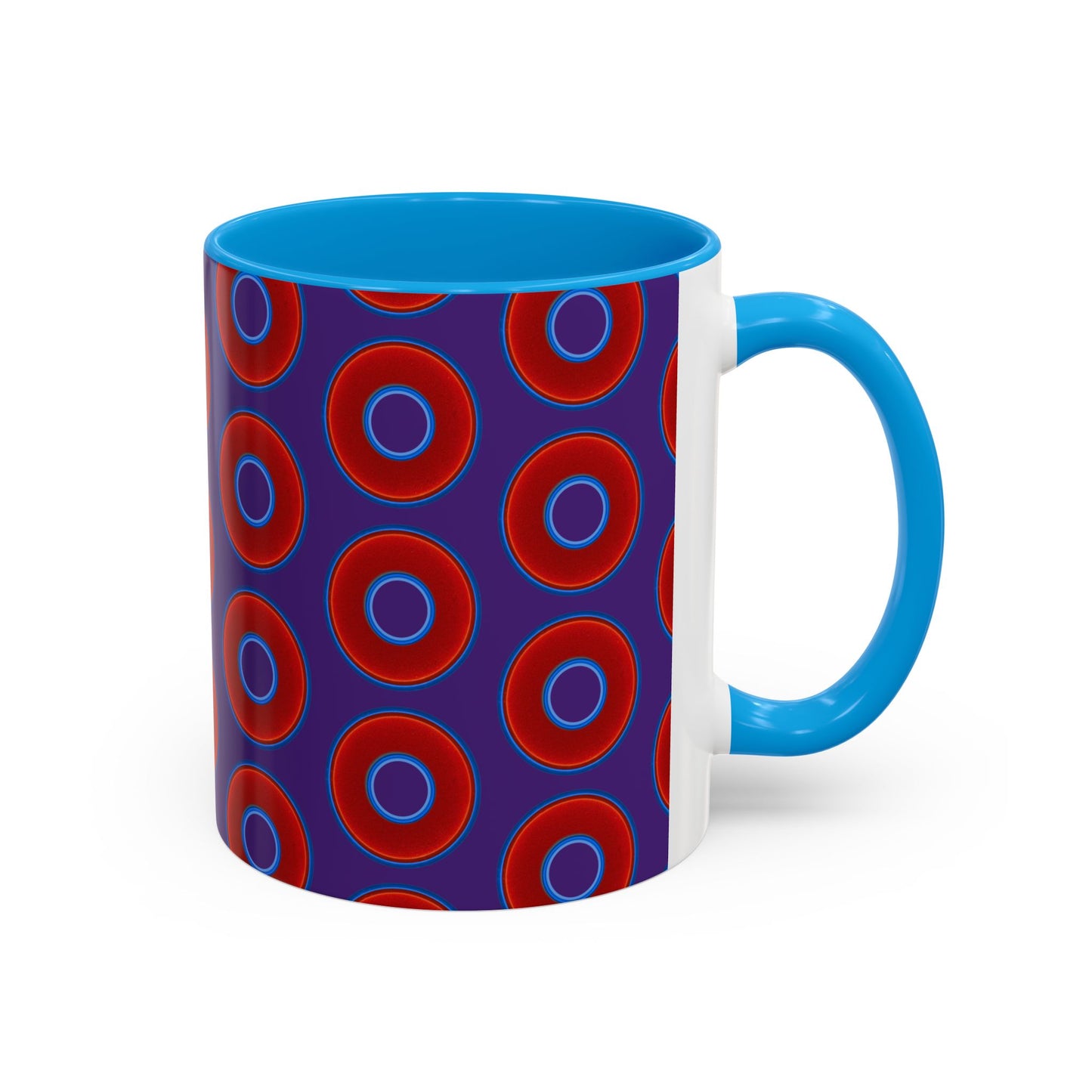 Lump's Grumpy Coffee Mug - vivid red donuts w/purple background