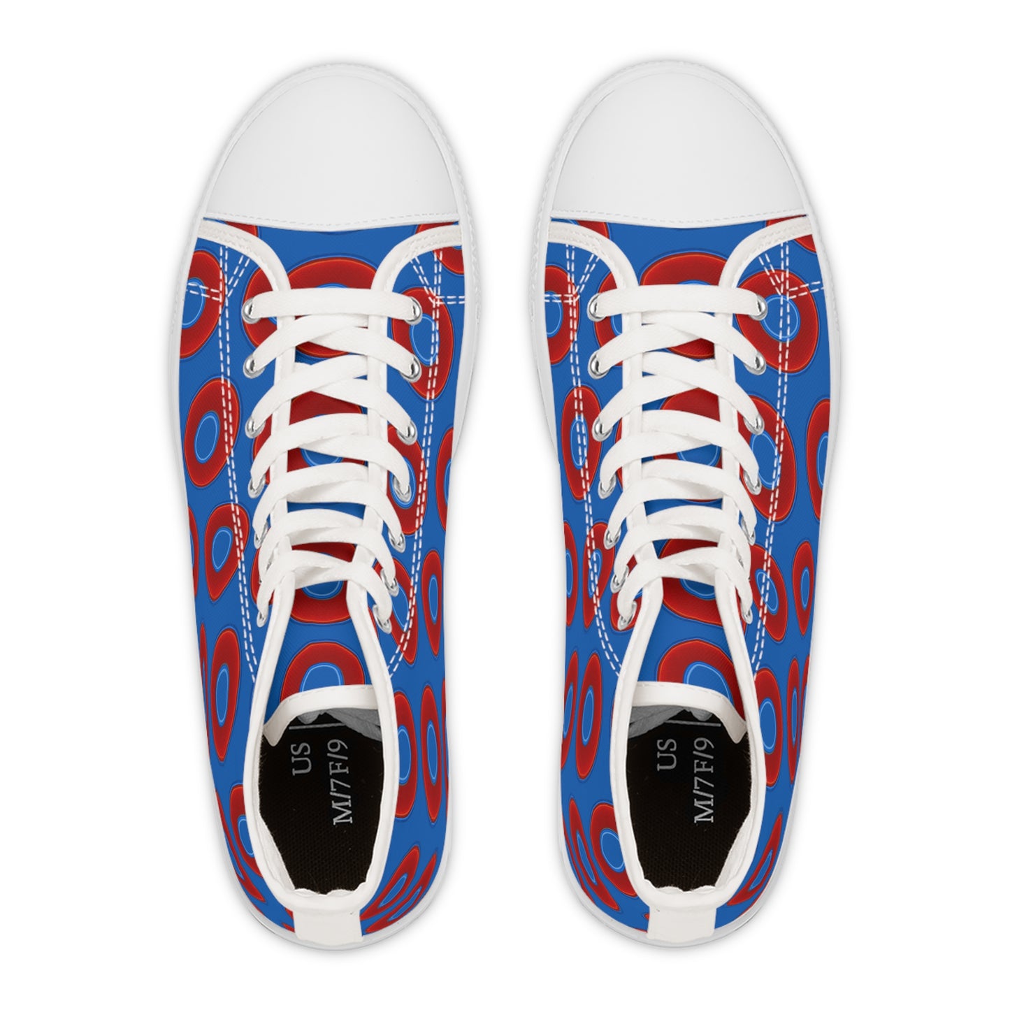 Women's High Top Chuck Taylors - large vivid red donut print w/dark royal blue background