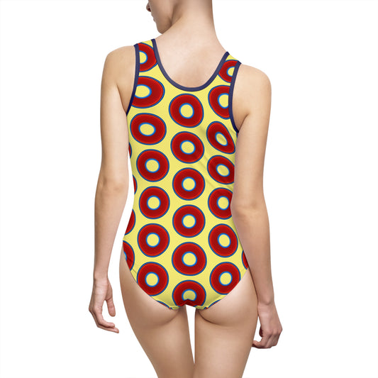 Lumpy Donut Swimsuit - red vivid donut print w/yellow umber background