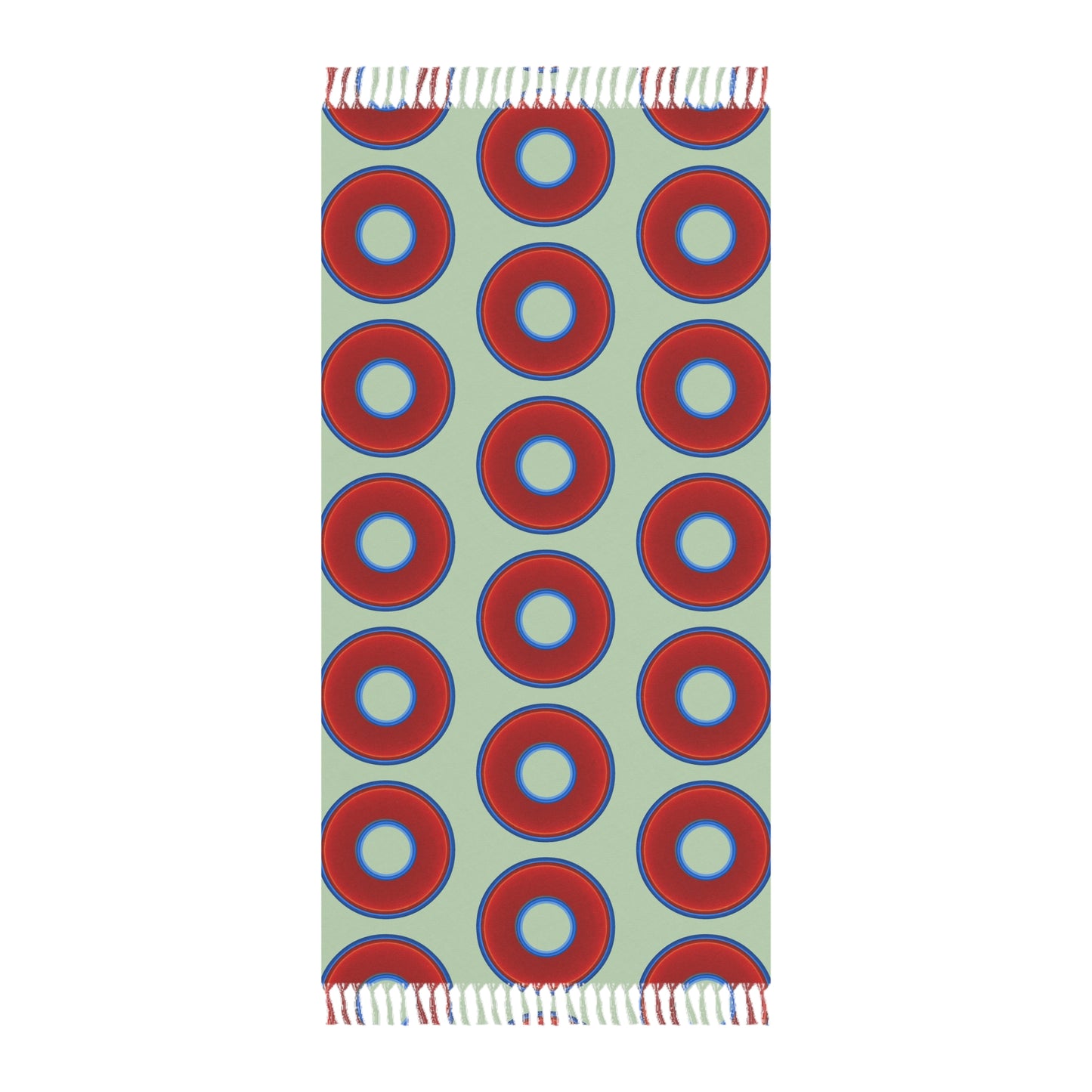 Oversized Lumpy Beach Towel - vivid red donuts w/seafoam background