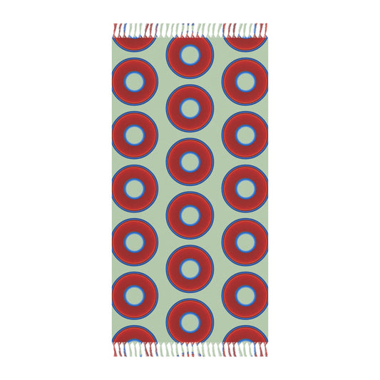 Oversized Lumpy Beach Towel - vivid red donuts w/seafoam background
