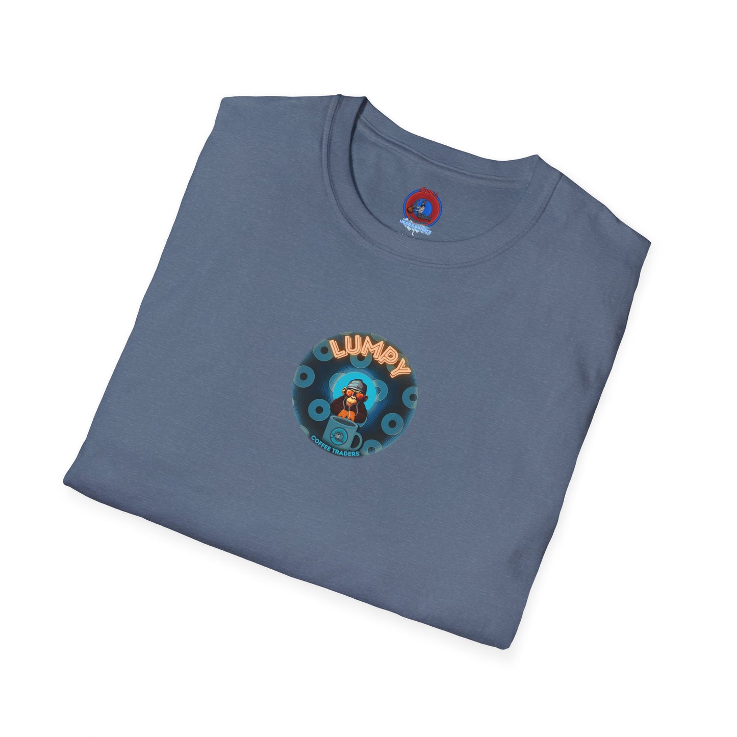 Lumpy Coffee Traders Tee - Unisex Soft-Style - "Good to Last Leaky Drop" - paradoxical ocean donut - variant 1 - logo front/coffee back