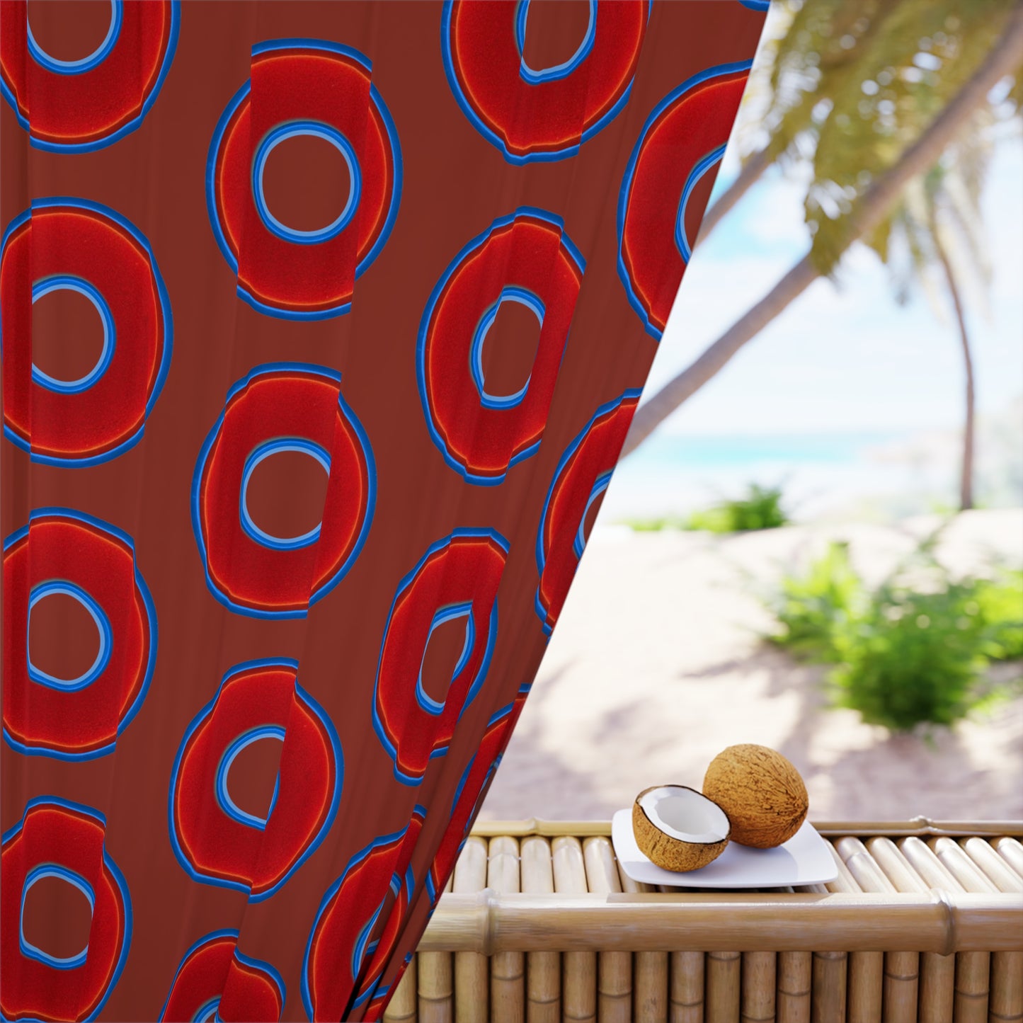 Lump's Heady Curtain w/Donuts - vivid red donut print - w/burnt umber background - [*1 Piece / 50" x 84"]