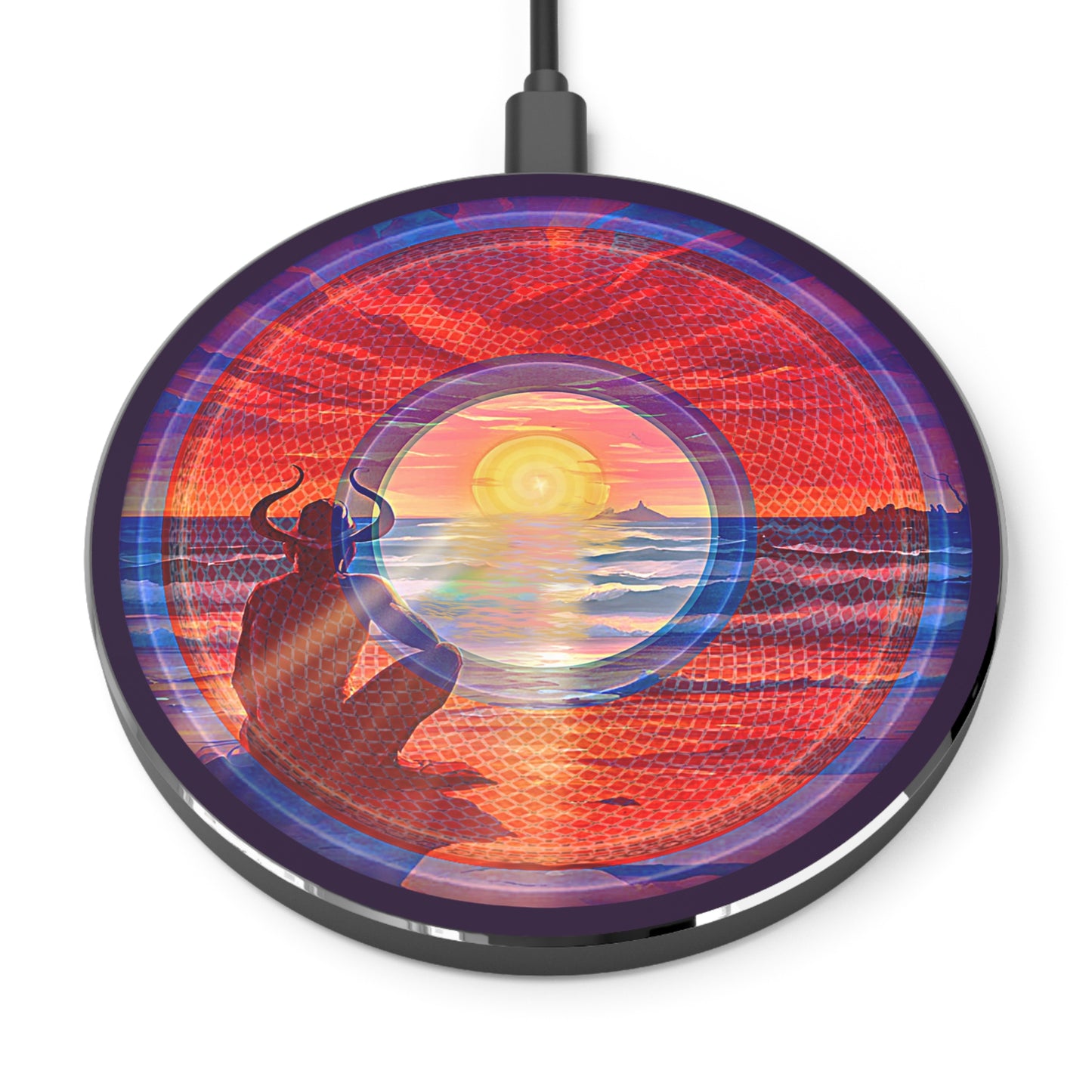 The Flow - Wireless Lumpy Donut Chargers - "Squirming Donut of Wireless Power " - rustic red/blue pic donut w/midnight purple background - variant 2