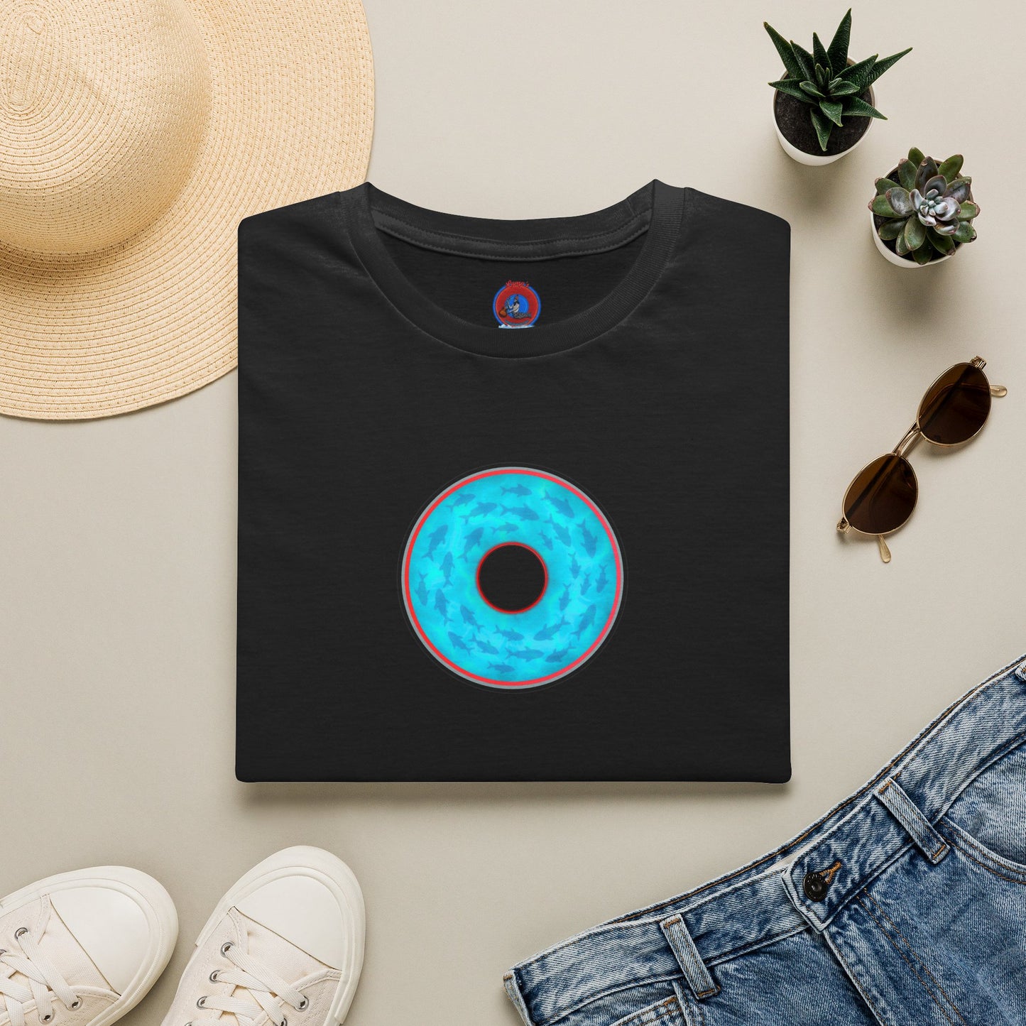 Classic Donut Tee - Unisex Soft-Style - "Skoolie of Phishies" - vivid sea donut - w/light blue water - variant 1