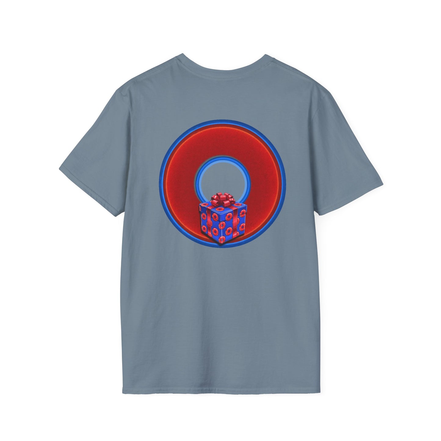 Classic Donut Tee - Unisex Soft-Style - "Phishmas Caroler's Tee " - vivid red/blue donut - variant 1