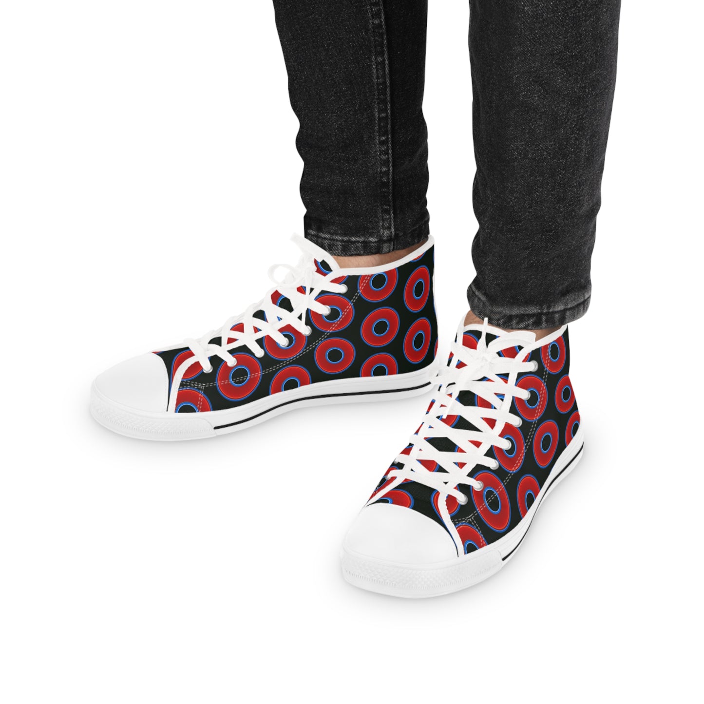Men's High Top Chucks - large vivid red donut print w/midnight moss green background