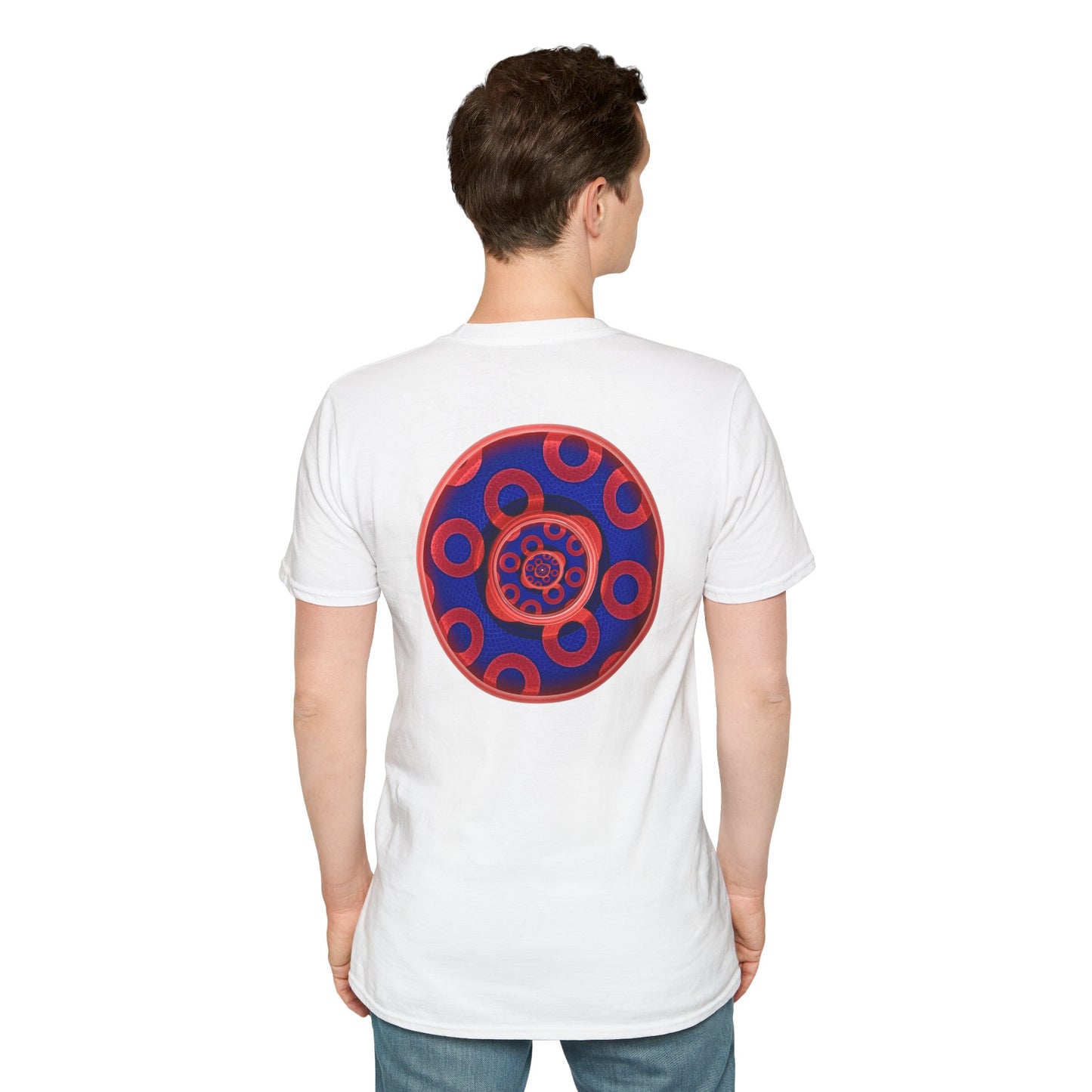Classic Donut Tee - Unisex Soft-Style - "Kaleidoscope Abyss of Donut" - paradoxical print - variant 2 - series 1.0 - donut vortex - red/blue