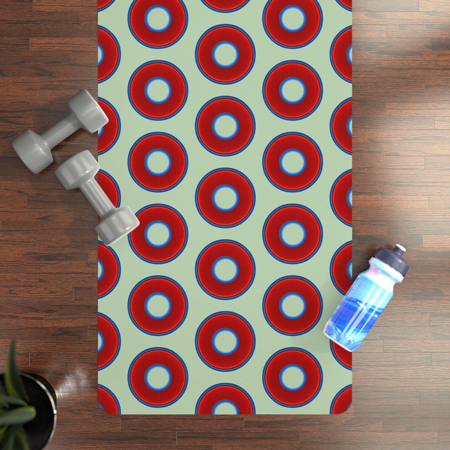 Lumpy Donut Yoga Mat :) - 24″ x 70" - vivid red donut print w/seafoam green background