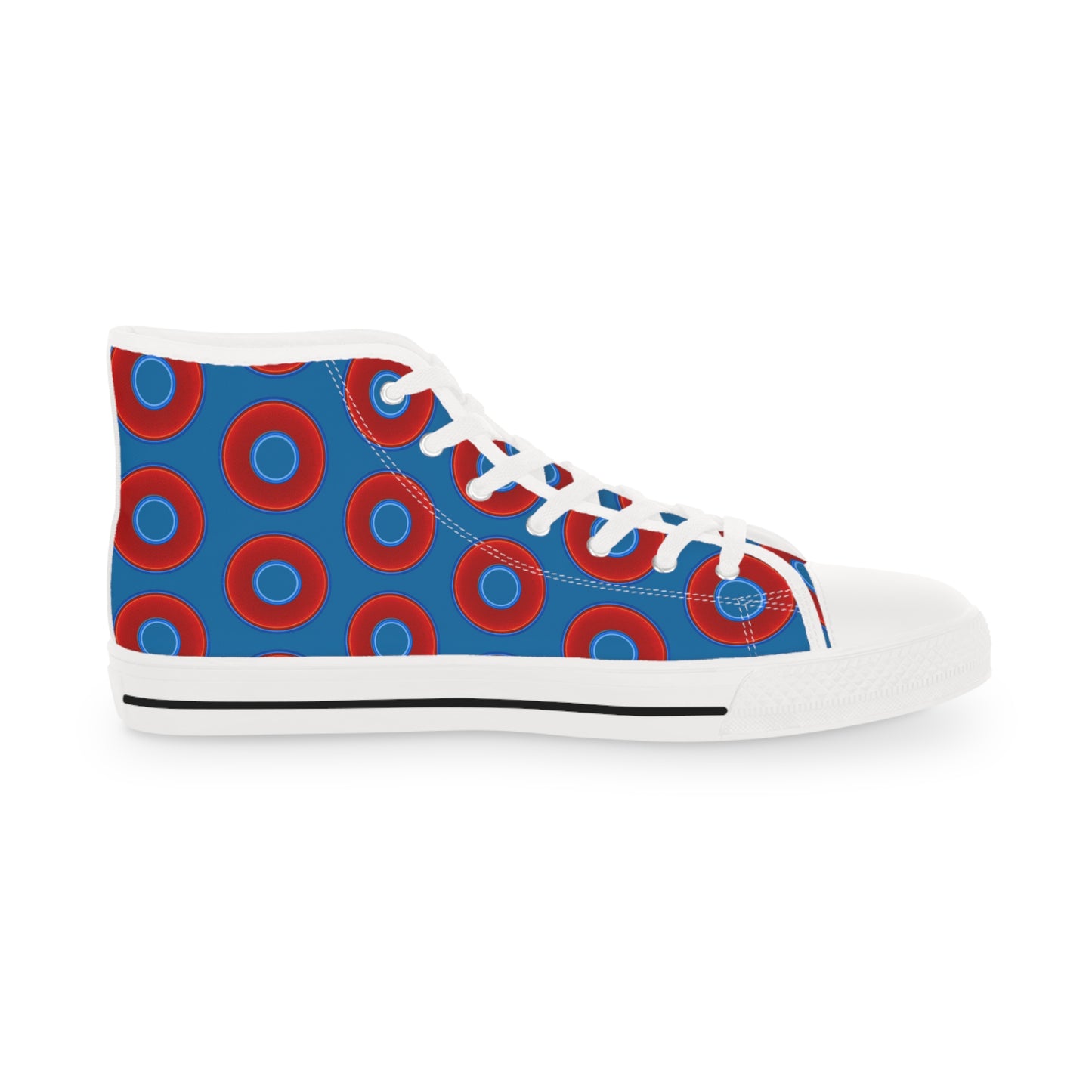 Men's High Top Chucks - large vivid red donut print w/wavy navy blue background
