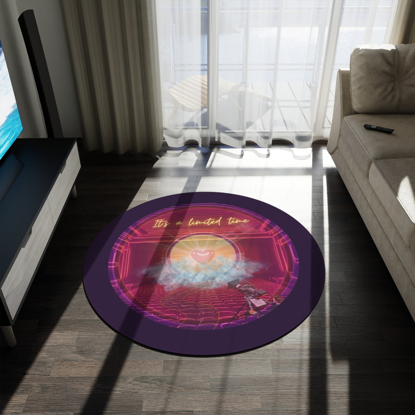 Round Room - 5 ft x 5 ft Lumpy Donut Rug - "The Donut of Life" - vivid purple/magenta donut w/midnight purple background - variant 2