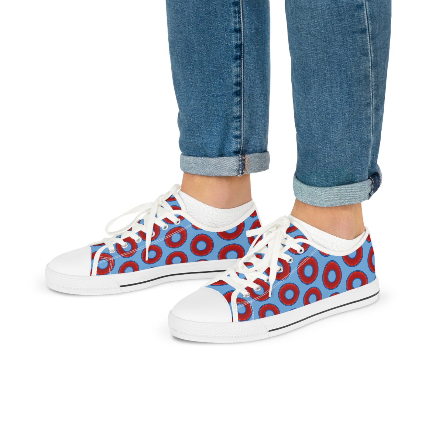 Men's - Low Top Chuck Taylors - large vivid red donut print w/light blue background