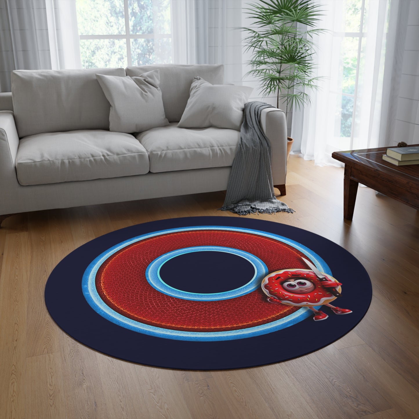 Round Room - 5 ft x 5 ft Lumpy Donut Rug - "My Phriend the Donut Rug" - rustic red/blue donut w/dark navy background - variant 1