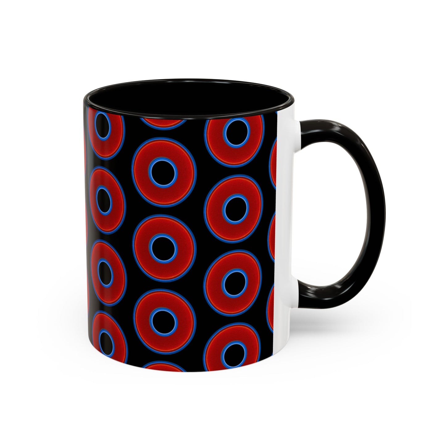 Lump's Grumpy Coffee Mug - vivid red donuts w/black background