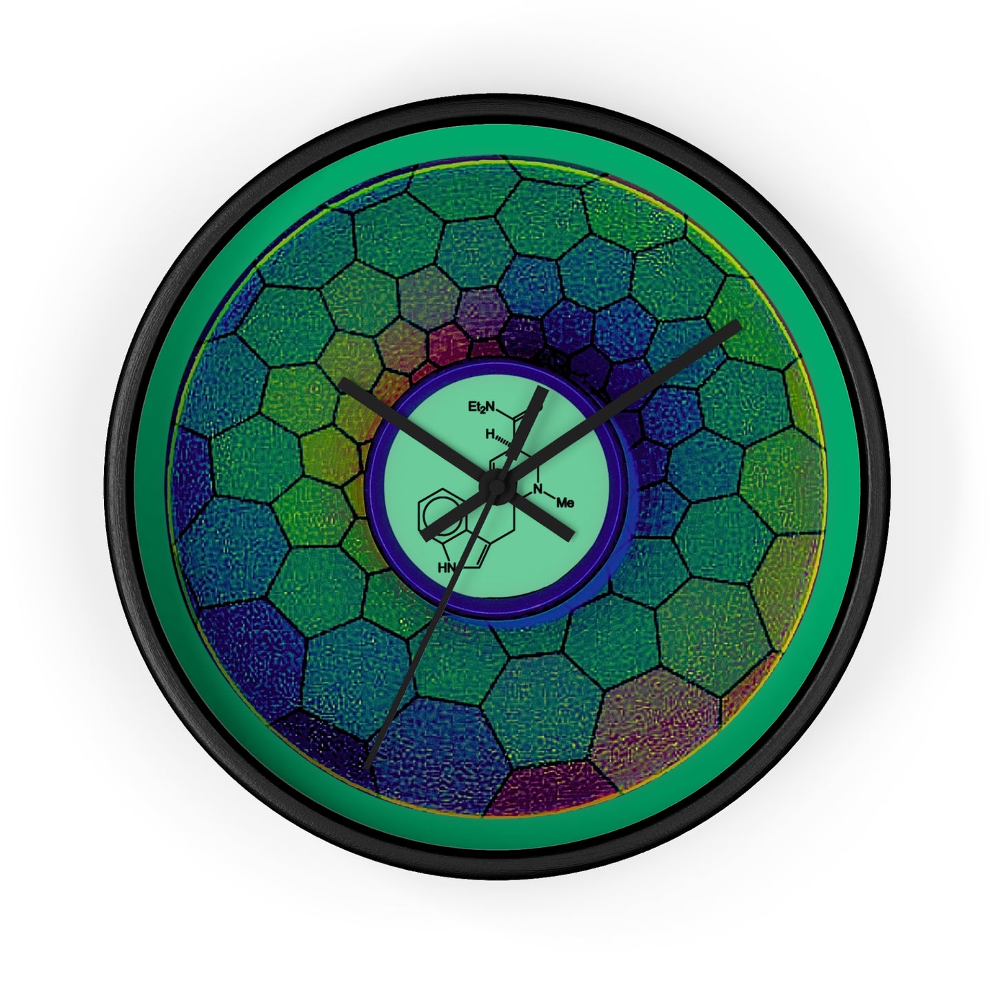 Lumpy Wall Clock - "Dr. Albert Hofmann's Donut" - variant 3 - green hexadonut w/jade green background