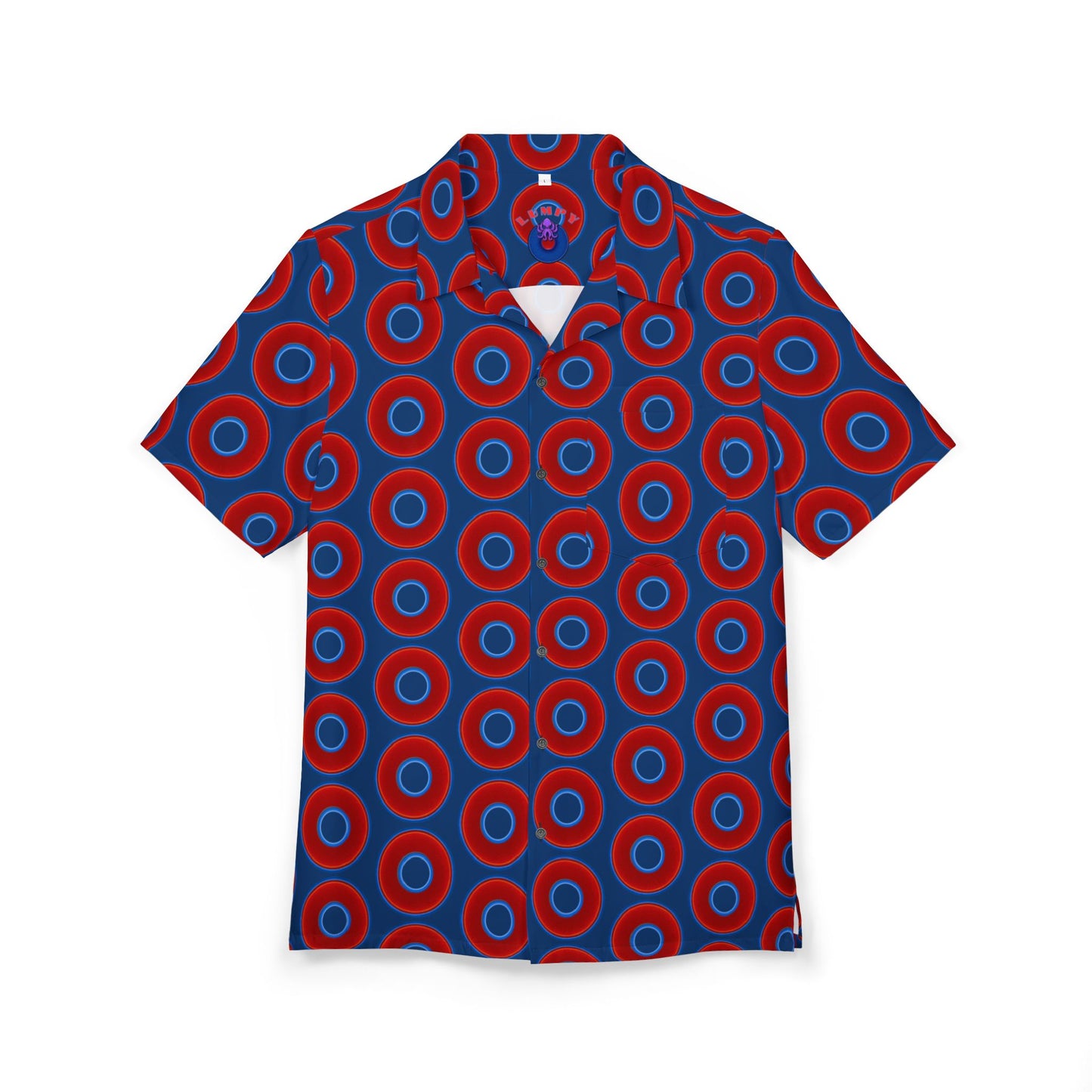 Wilson's 'Epic Hawaiian-Punch' Shirt - vivid red donut print w/Atlantic navy blue background [unisex]