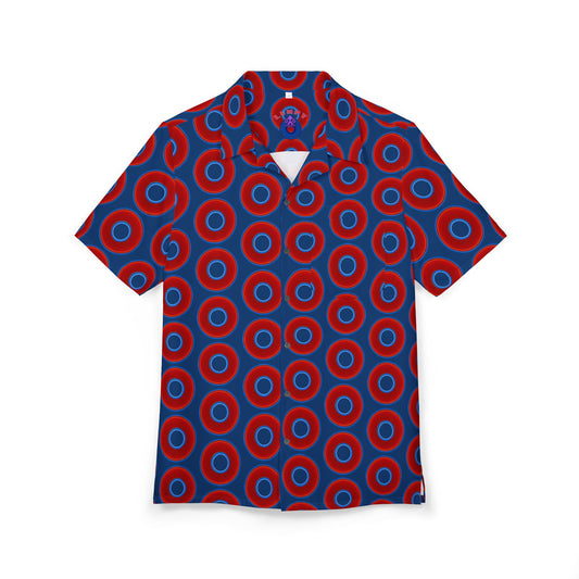 Wilson's 'Epic Hawaiian-Punch' Shirt - vivid red donut print w/Atlantic navy blue background [unisex]