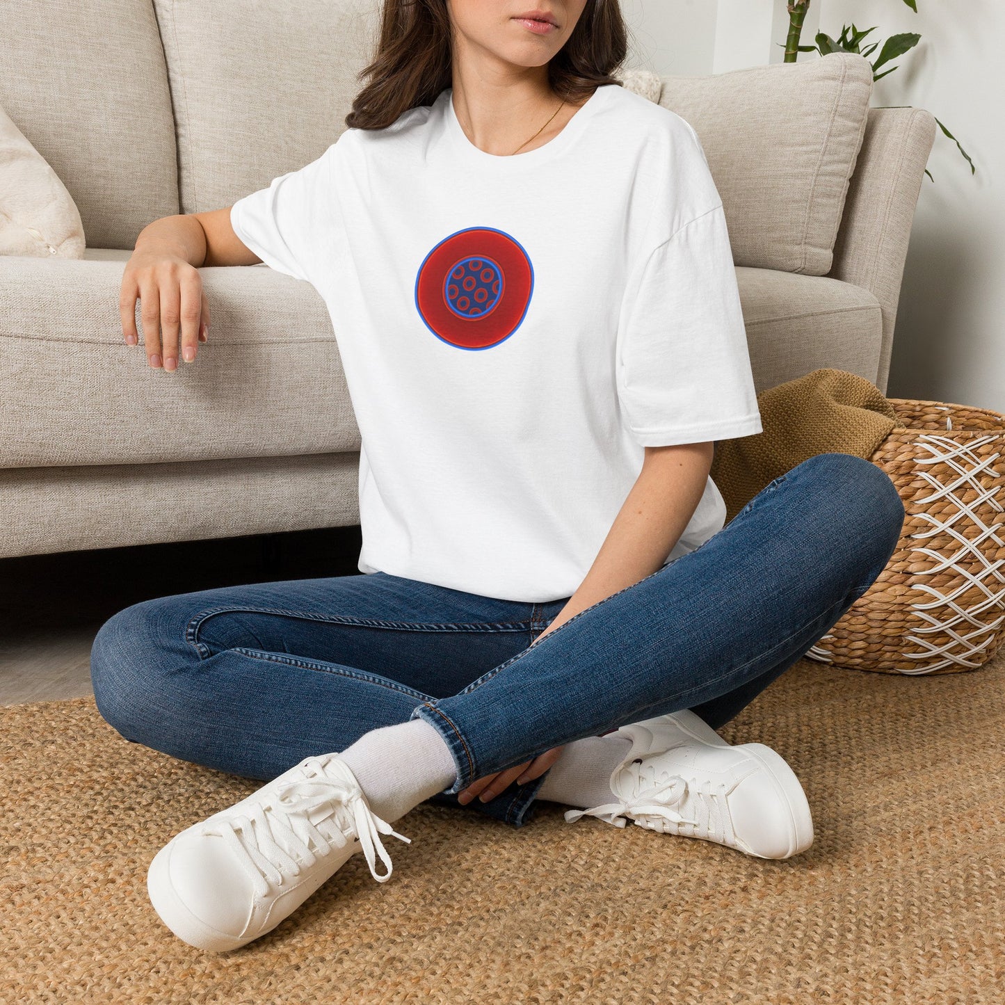 Classic Donut Tee - Unisex Soft-Style - "Portal Donut" - vivid red/blue donut  - w/navy blue - variant 2