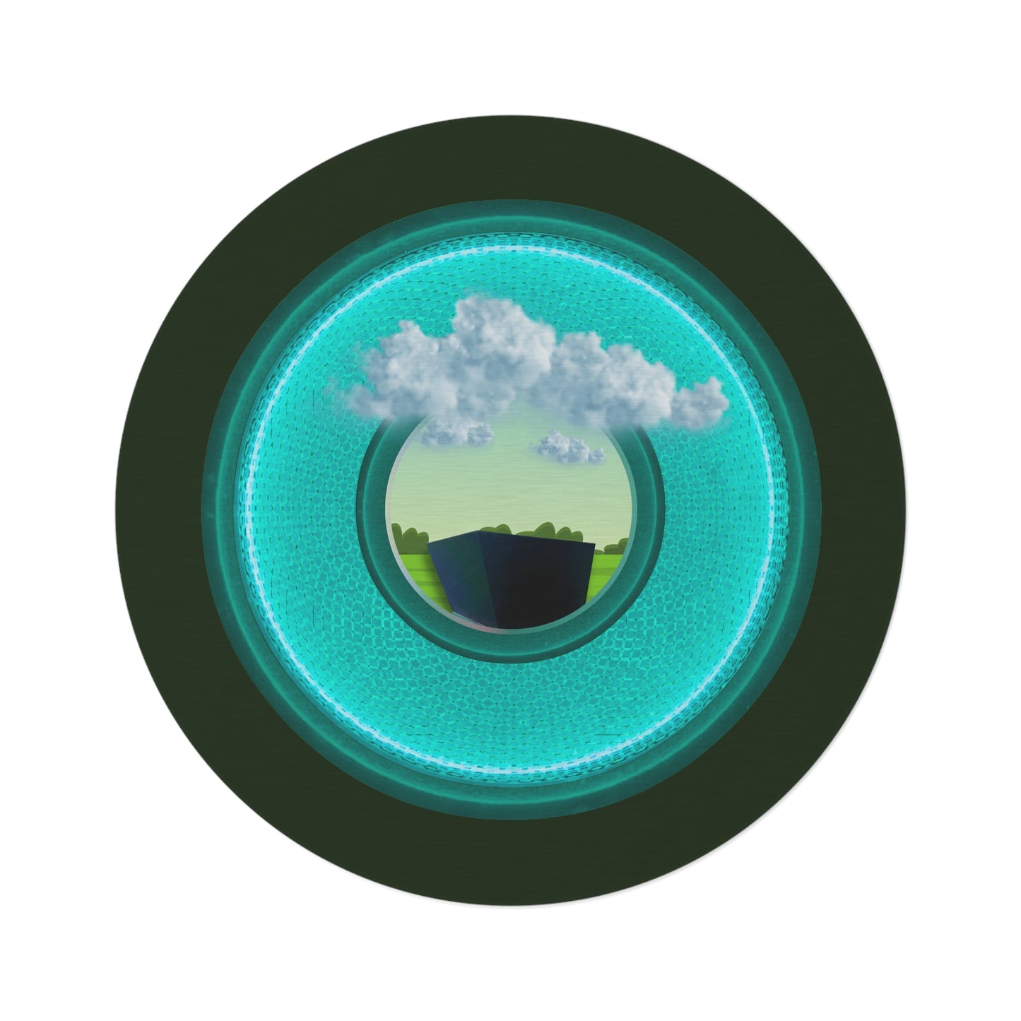 Round Room - 5 ft x 5 ft Lumpy Donut Rug - "Got Rhombus Rug?" - rustic turquoise/teal donut w/deep forest green background - variant 5