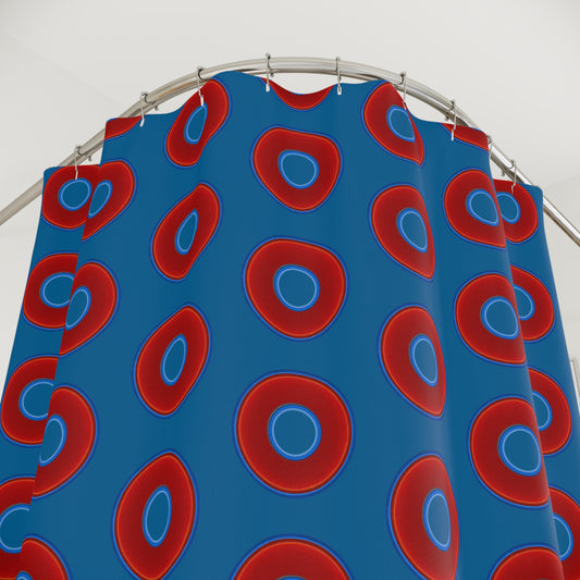 The Curtain With "Donuts" - Lumpy Bath Time Fun - vivid red donuts w/wavy navy background