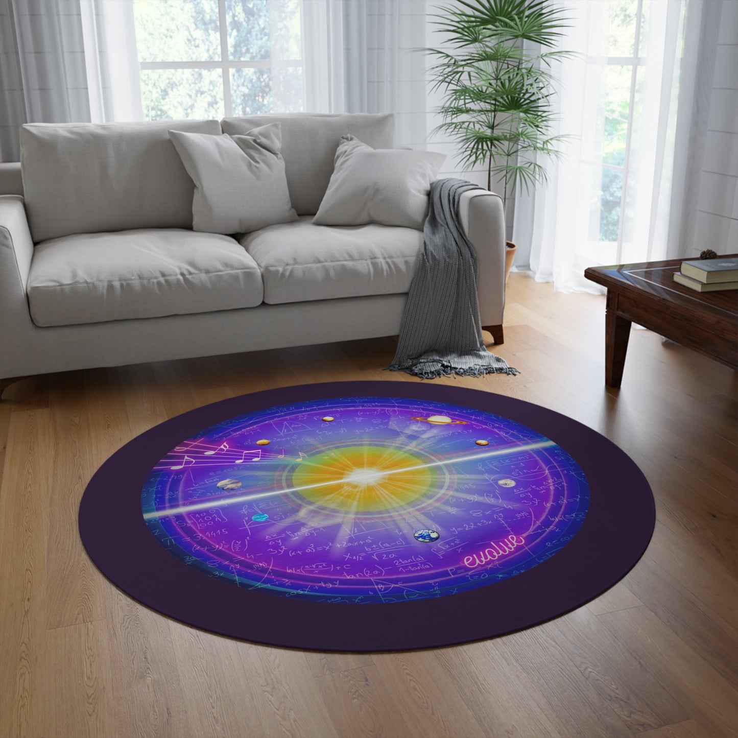 Round Room - 5 ft x 5 ft Lumpy Donut Rug - "The Quite Profound Donut Rug" - purple/magenta vivid solar donut w/midnight purple background
