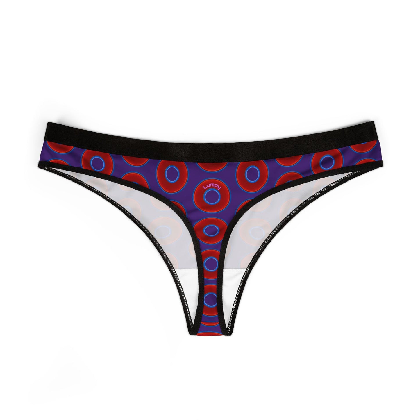 Lumpy Donut Thongs - red vivid donut print w/dark purple background