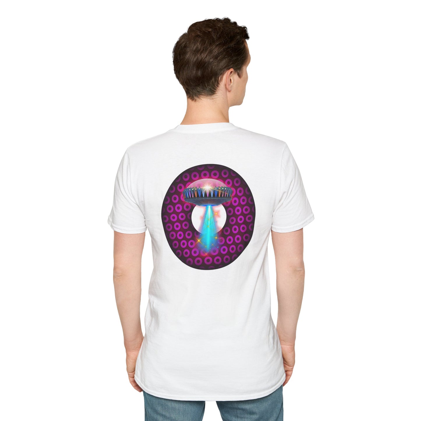 Coffee Traders Tee - Unisex Soft-Style - "Blastoff " - paradoxical donuts - variant 2 - logo front/mothership back