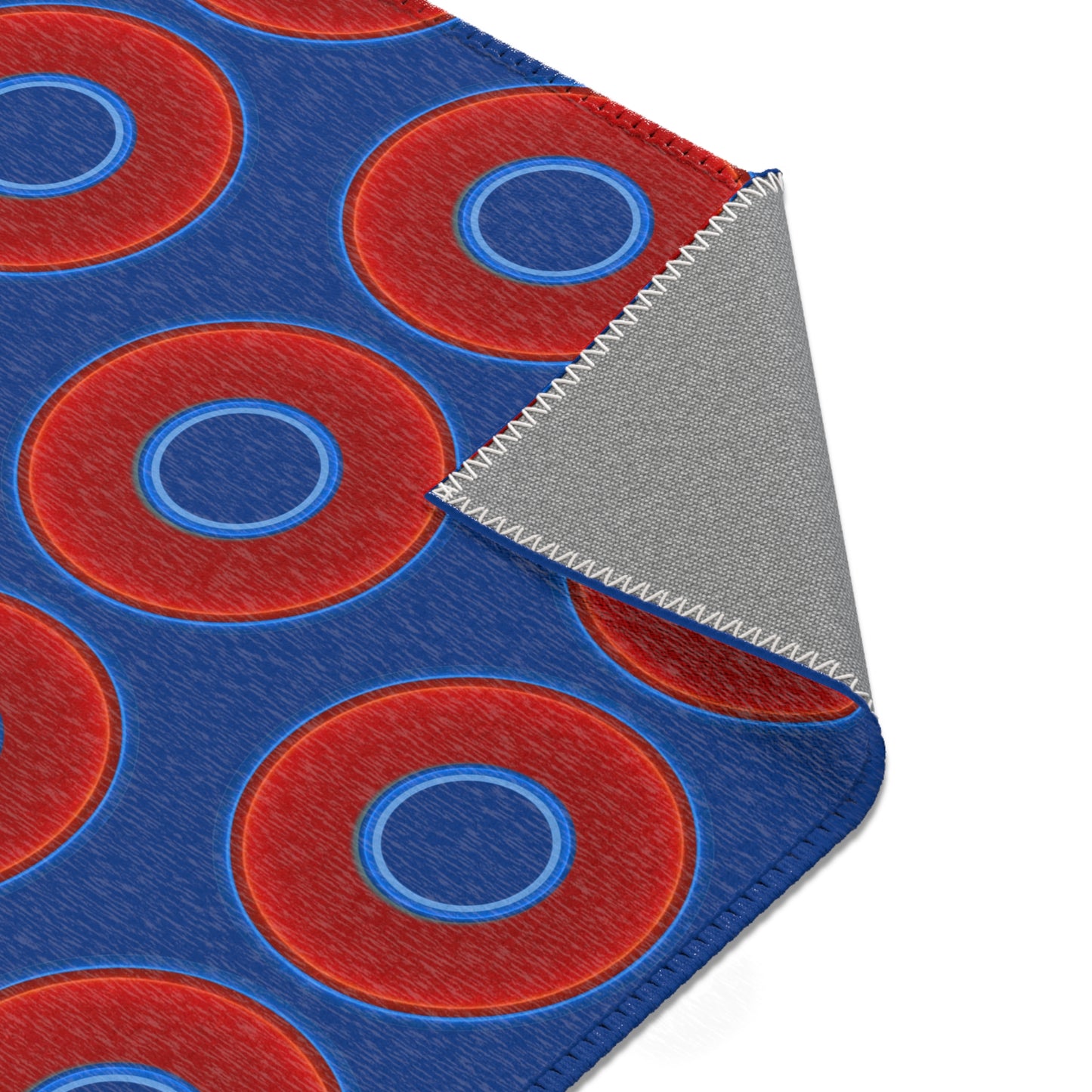 Lumpy Donut Print Rug - choice of 3 sizes - vivid red donut print w/dark blue background