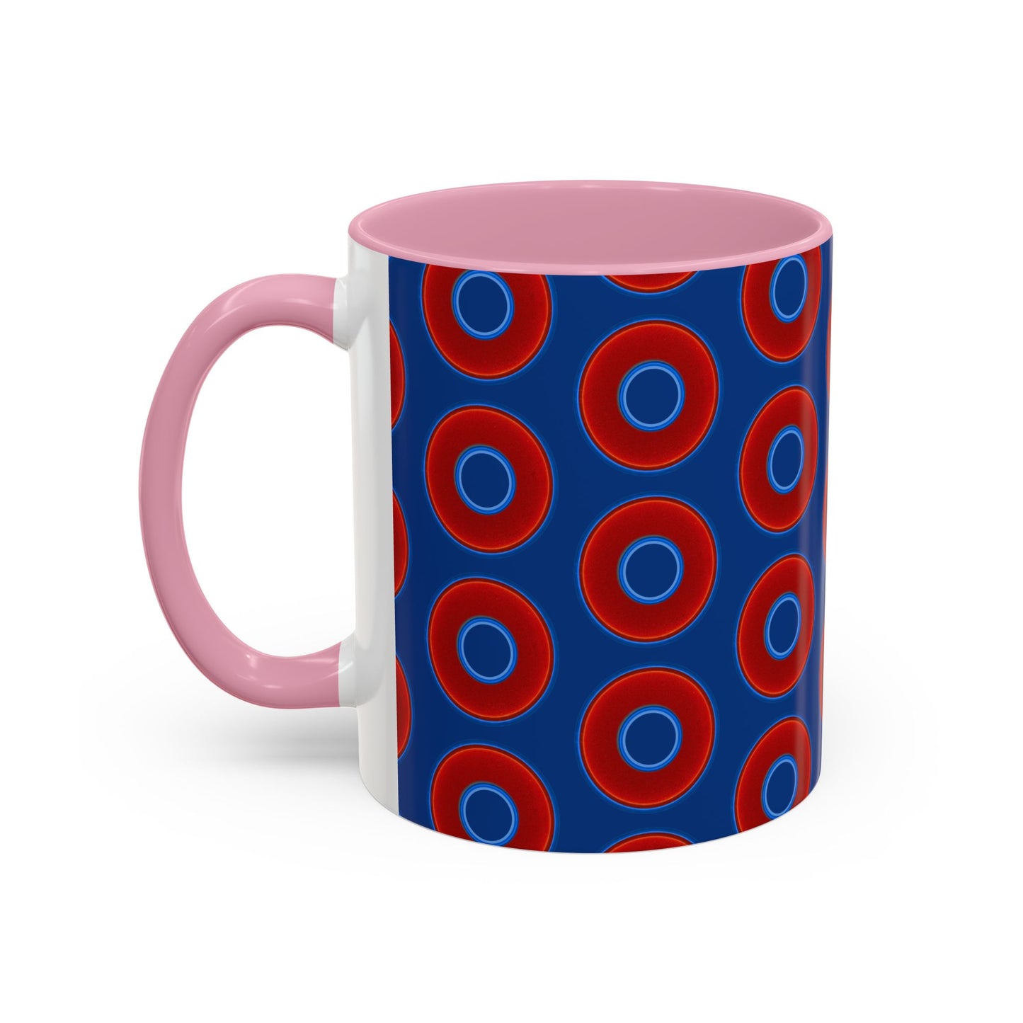 Lump's Grumpy Coffee Mug - vivid red donuts w/dark blue background