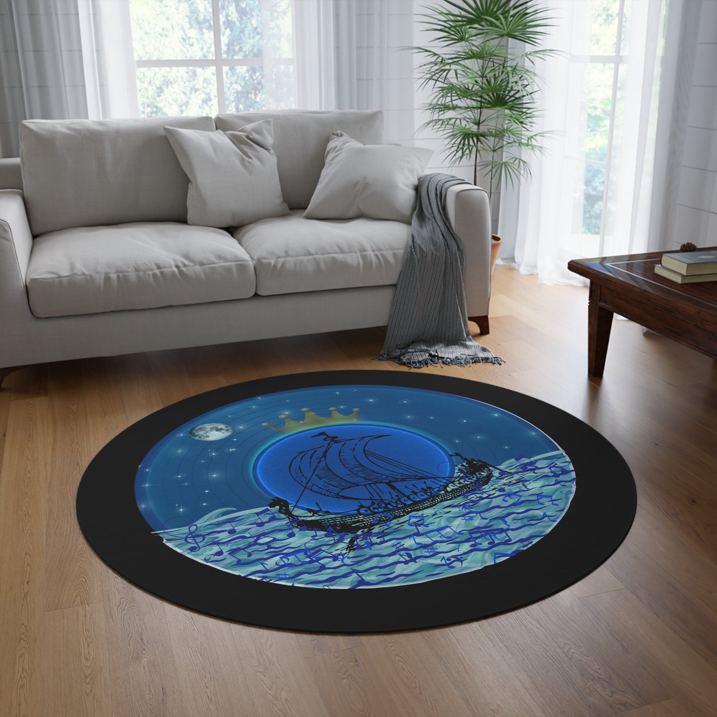 Round Room - 5 ft x 5 ft Lumpy Donut Rug - "Stately Donut Rug of the Prince" - vivid blue record donut w/black background