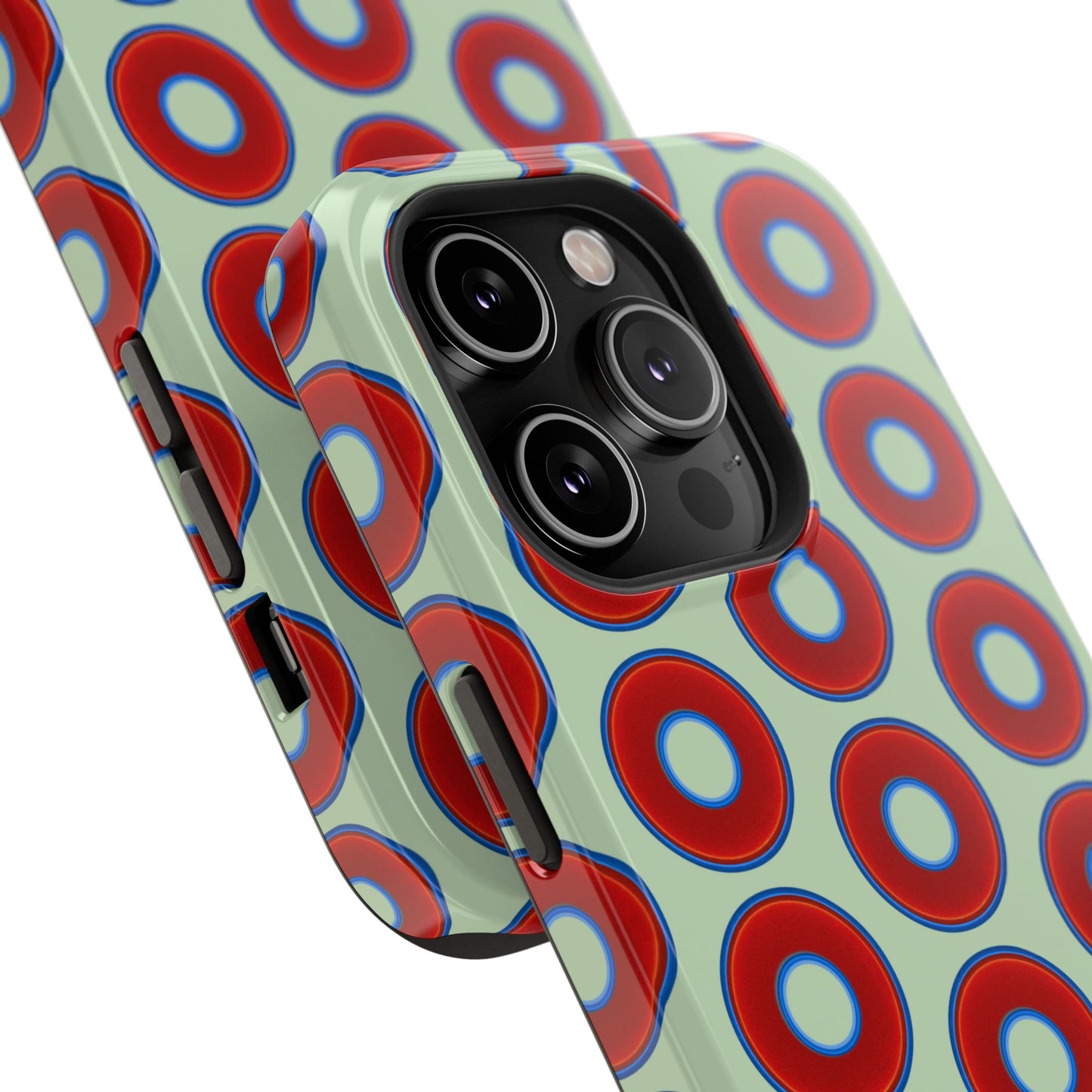 Impact-Resistant Lumpy Donut Case - red vivid donut print w/seafoam green background