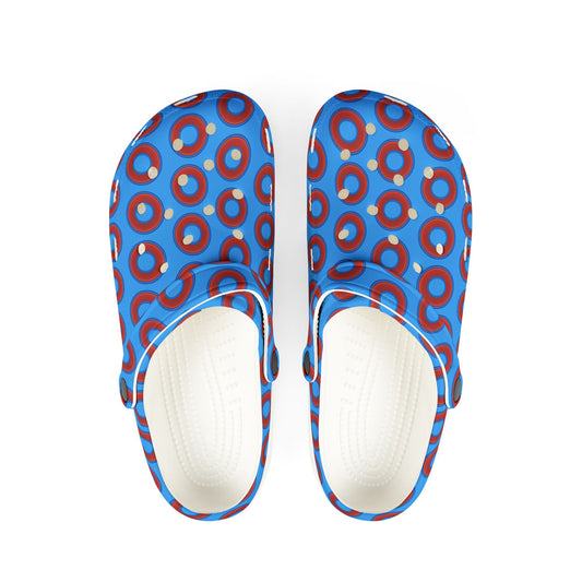 Spatchcocks - donut slip-on shoes - red rustic donuts w/sky royal blue background [unisex]