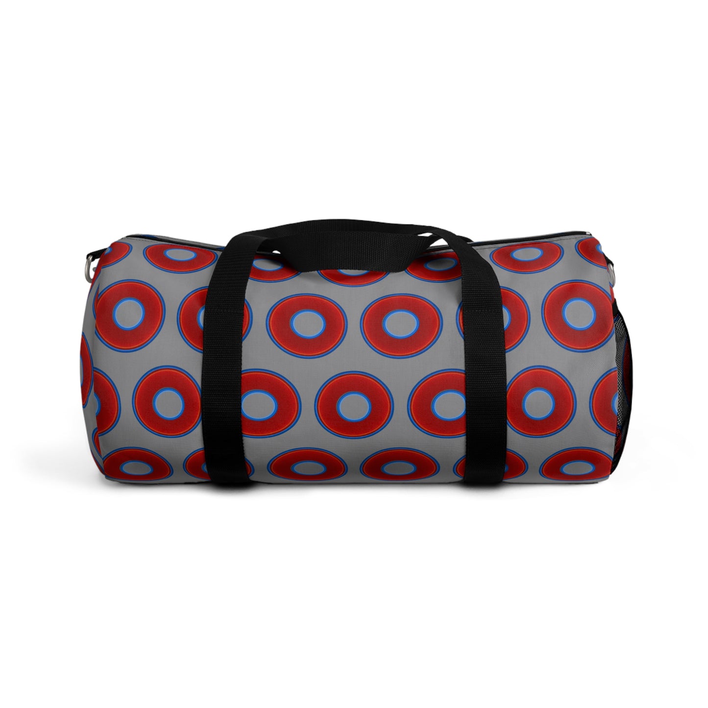 Lumpy Duffel - vivid red donuts w/gray background