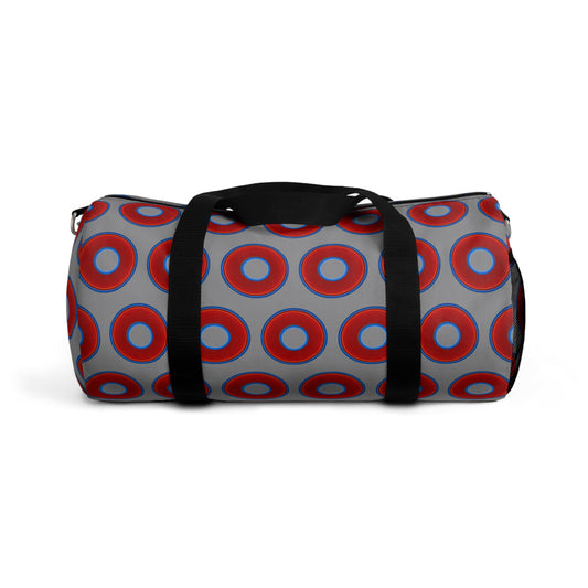 Lumpy Duffel - vivid red donuts w/gray background