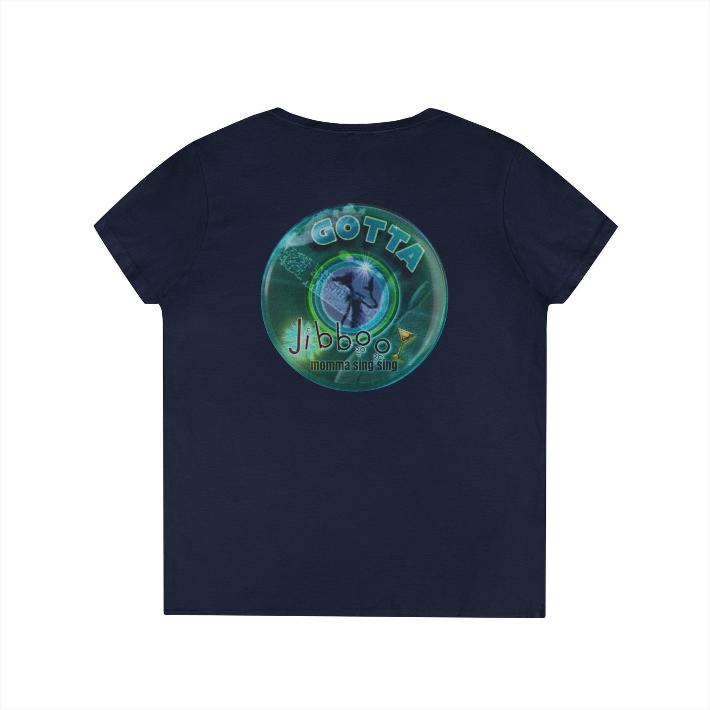 Women's Donut V-Neck Tee - "Momma just got out of Sing Sing" - vivid teal green donut w/