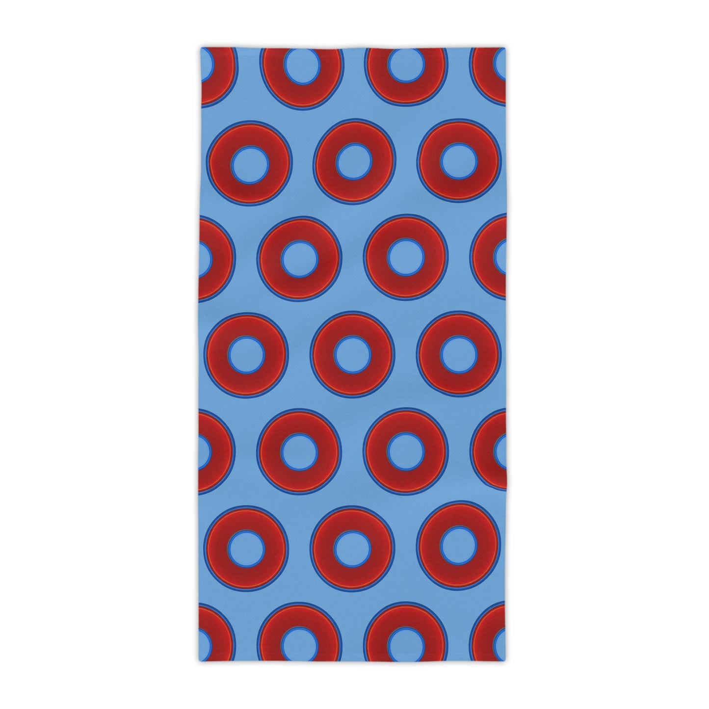 Lumpy Donut Towels - vivid red donuts w/light blue background