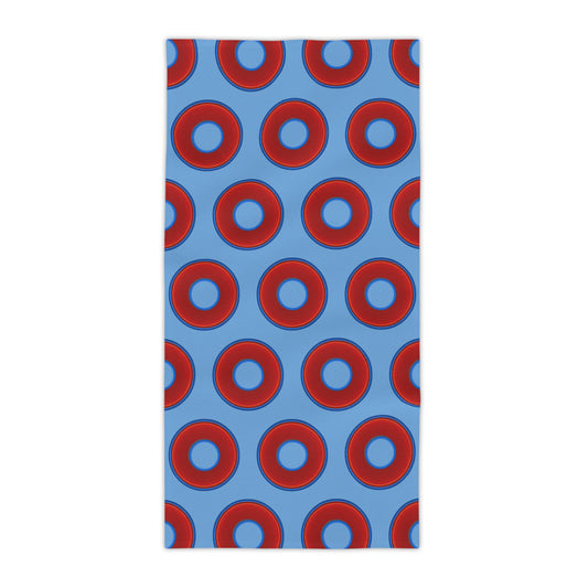 Lumpy Donut Towels - vivid red donuts w/light blue background