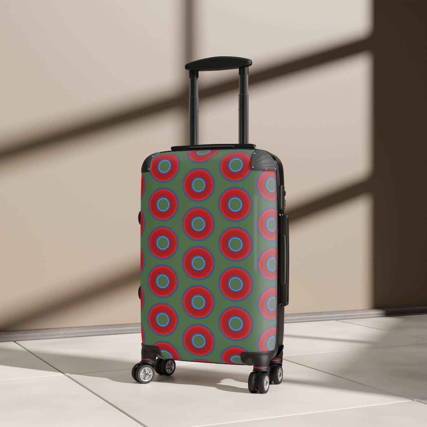 The Very Lumpy Donut Suitcase series - your choice of S, M or L - vivid red donut print w/dark Fenway green background