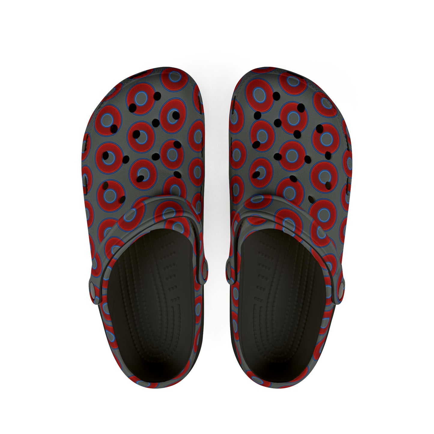 Spatchcocks - donut slip-on shoes - vivid red donuts w/dark gray background [unisex]