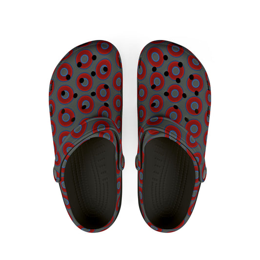 Spatchcocks - donut slip-on shoes - vivid red donuts w/dark gray background [unisex]