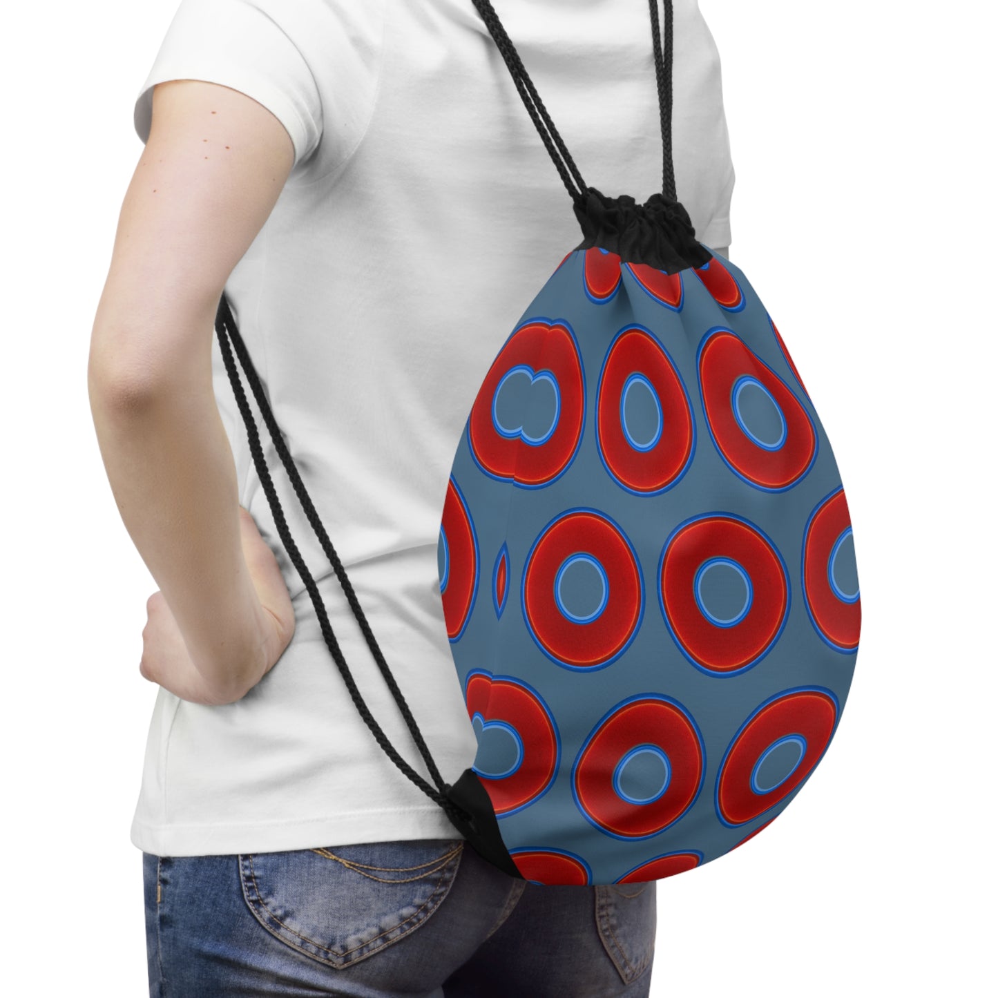 Lumpy Donut Drawstring Bag - red vivid donuts print w/steel blue background