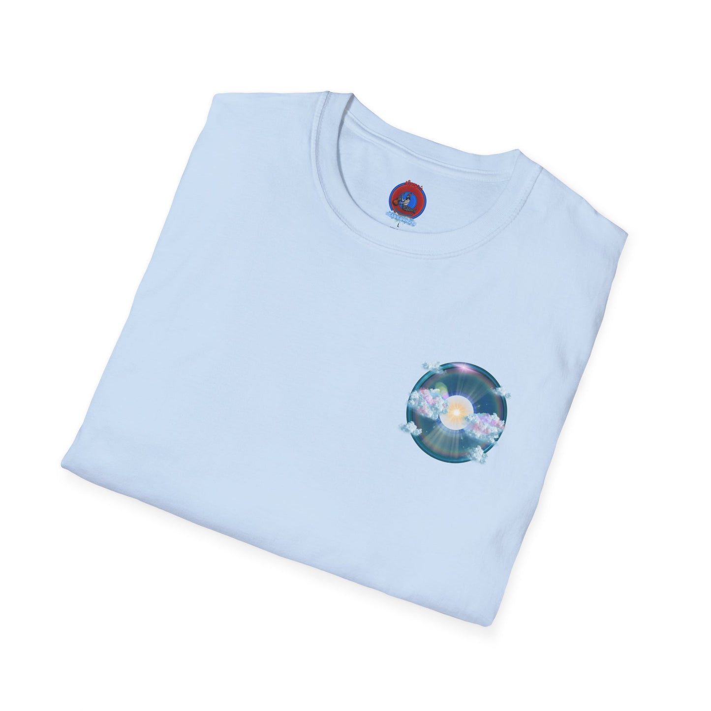 Classic Donut Tee - Unisex Soft-Style - "The Divided Donut" - variant 2 - blue donut  w/hole & sun [*50% to The Divided Sky Foundation]