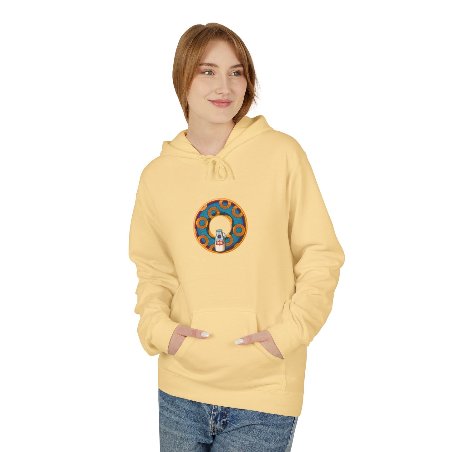 Fleece Harry Hoodies [Midweight Soft-style] - "Wooked Cream Dairy - YEMSG Donut" - blue/orange rustic paradox donut - variant 4
