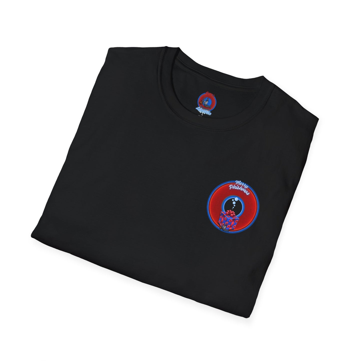 Classic Donut Tee - Unisex Soft-Style - "Phishmas Caroler's Tee " - vivid red/blue donut - variant 2