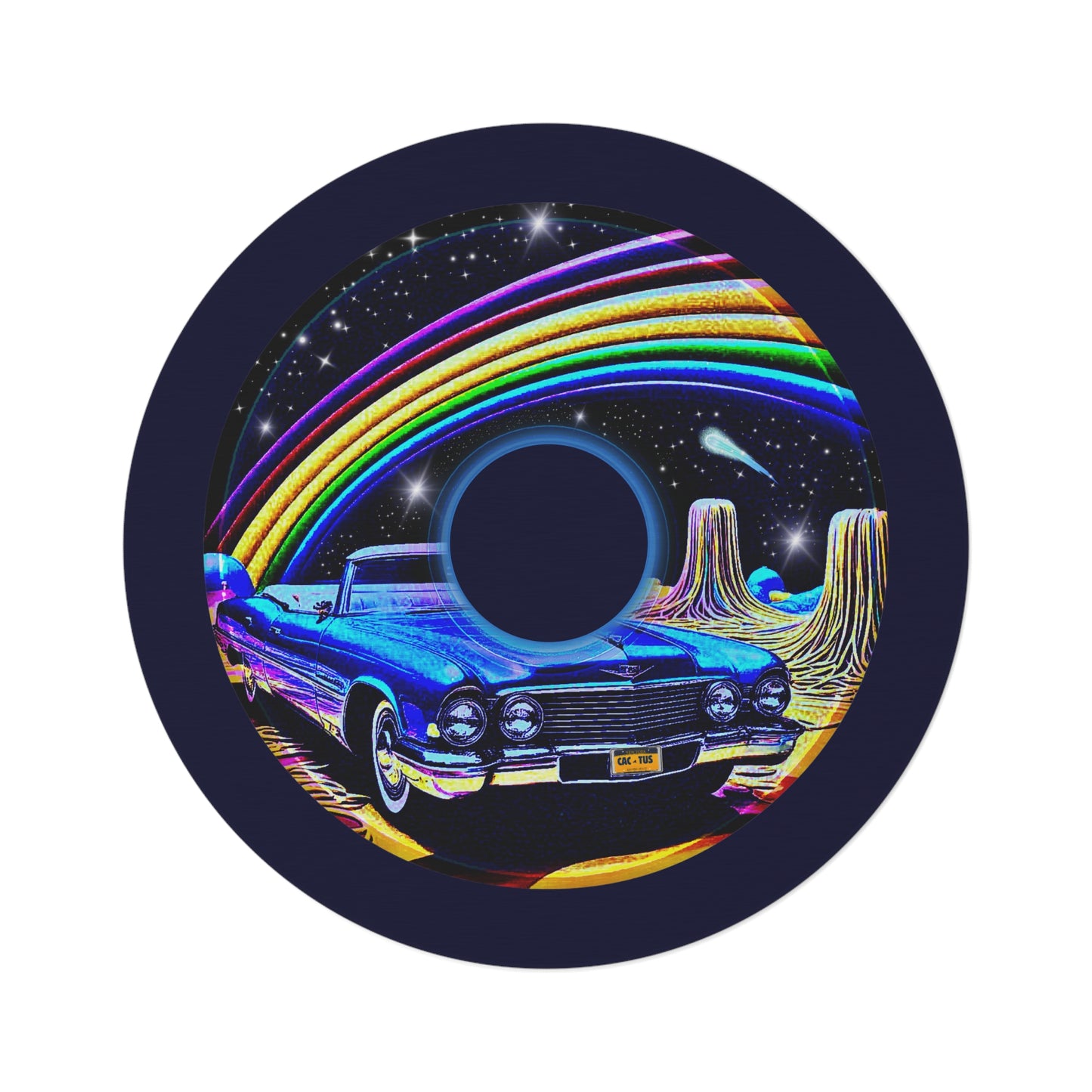 Round Room - 5 ft x 5 ft Lumpy Donut Rug - "Halley's Caddy Donut Rug" - black/blue pic donut w/midnight blue background - variant 2