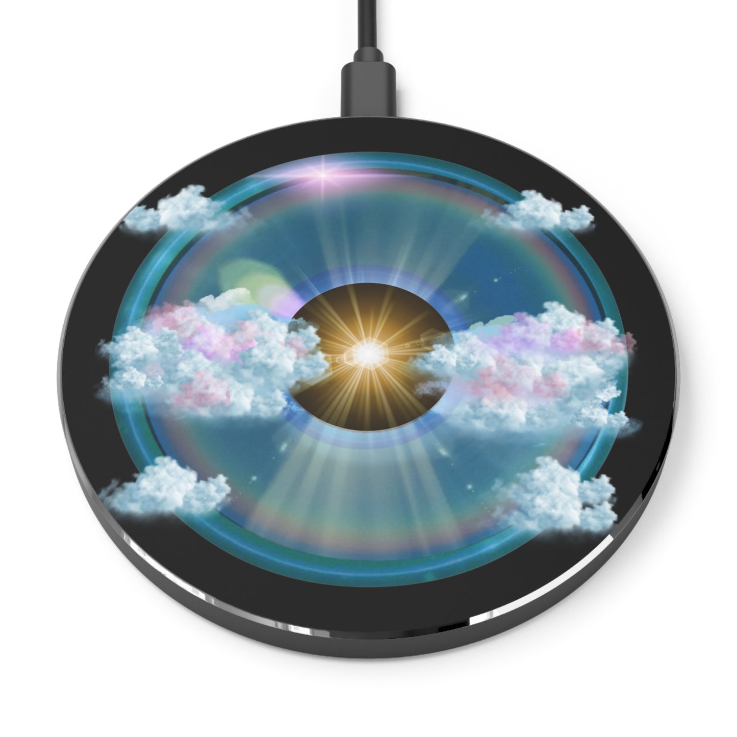 The Flow - Wireless Lumpy Donut Chargers - "The Divided Wireless Donut Charger" - vivid sky donut w/dark navy background - variant 2 - [*charitable donut]