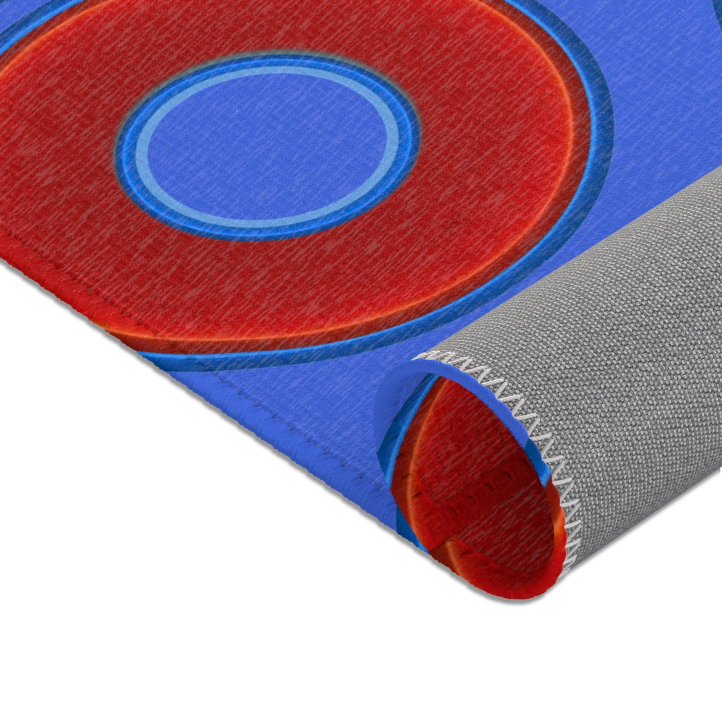 Lumpy Donut Print Rug - choice of 3 sizes - vivid red donut print w/royal blue background