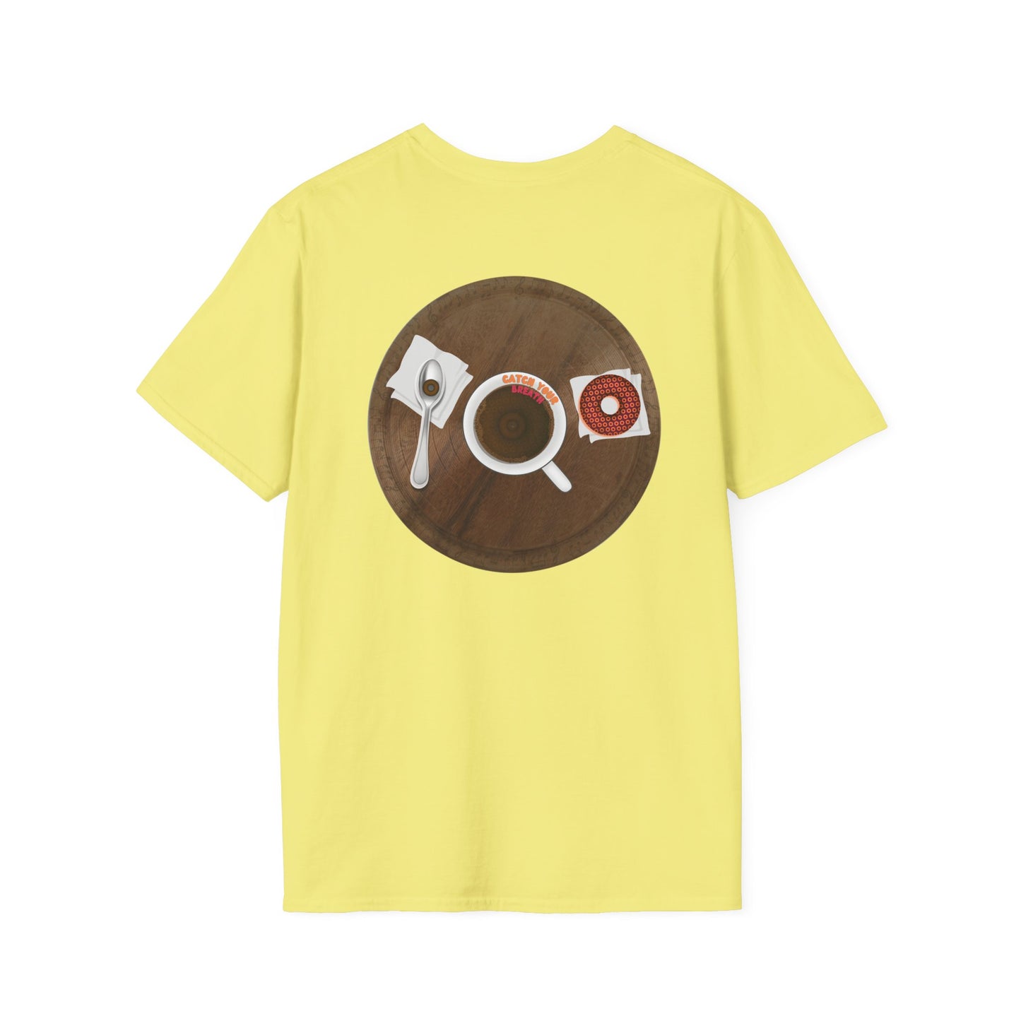 Classic Donut Tee - Unisex Soft-Style - "Coffee With My Donuts" - wooden table donut